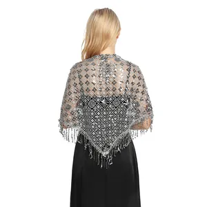 Silver sequined shawl with fringe detailing for evening party wear, back view perspective