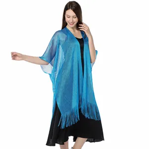 Shiny light blue metallic shawl wrap with elegant fringe detail for evening gowns