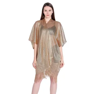 Elegant gold shimmering bikini cover-up shawl with stylish fringe details and armholes