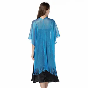 Back view of a shimmering blue metallic thread shawl with fringe detailing for evening wear.