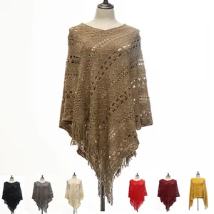 Women's Western Style Knitted Hollow Pullover Poncho With Tassels Bohemian Geometric Crochet Shawl Loose Casual Cape For Autumn Winter