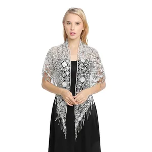 Elegant silver sequin lace shawl with tassels for bridal and evening party dresses