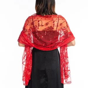 Elegant red mesh evening shawl with sequined floral embroidery shown from the back