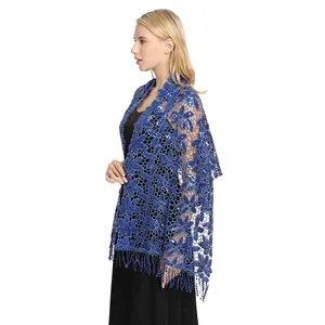 Side view of elegant royal blue sequin lace shawl with fringe for evening parties