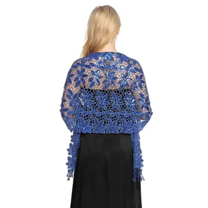 Elegant blue sequin floral lace shawl with fringe for evening party dresses