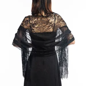 Women Hollow Out Lace Shawl With Tassels Floral Pattern Evening Dress Wrap Scarf Wedding Party Scarf Polyester Floral Shawl