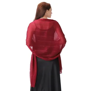 Back view of elegant burgundy chiffon evening wrap with silver lurex and rhinestones