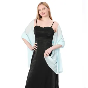 Elegant light blue chiffon shawl scarf wrap worn by a model in black evening dress