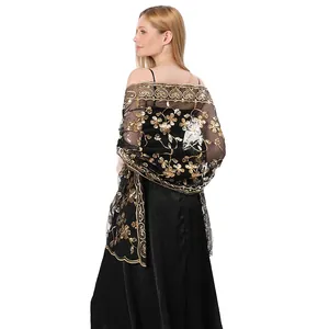 Elegant black mesh shawl with gold floral sequin embroidery for formal evening dresses