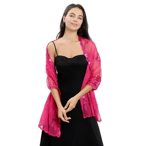 Detailed view of elegant magenta sequin floral shawl with peony embroidery for evening dresses