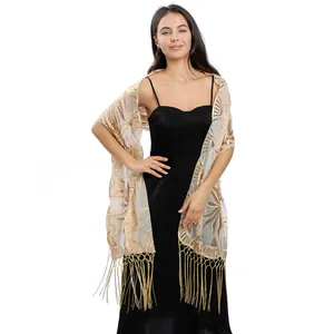 Elegant gold sequined embroidered shawl with tassels for bridal party and evening gowns