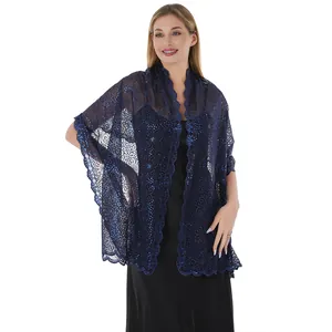 Elegant navy blue lace shawl featuring sequin embroidery and plum blossom patterns