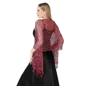 Detailed back view of a sparkling rose red sequined mesh wrap for evening party gowns