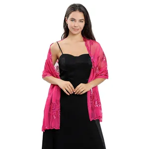 Elegant pink sequined peony floral embroidered mesh shawl for wedding and evening dresses