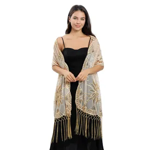 Elegant gold sequined embroidered shawl with long tassels for formal evening wear outfits