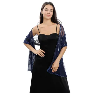 Elegant navy blue mesh shawl with peony sequin embroidery for wedding and evening dresses