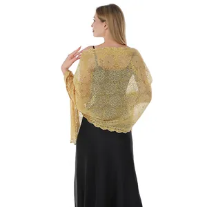 Elegant gold sequined shawl with plum blossom embroidery detail for evening gowns and events.