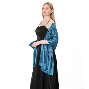 Elegant teal satin shawl for evening dresses and bridal parties, silky texture detail.