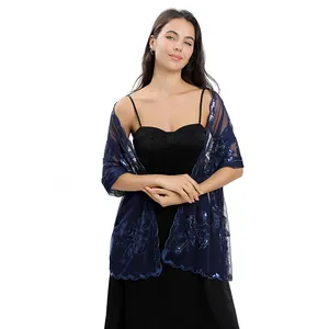 Elegant navy blue sheer mesh shawl with sequin peony embroidery for wedding guest dresses