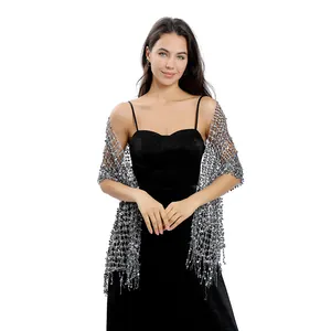 Silver sequin embroidered mesh shawl for evening party dresses shown on a model.