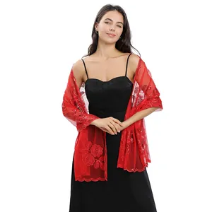 Elegant red floral sequin embroidered shawl wrap for bridal bridesmaid evening wear