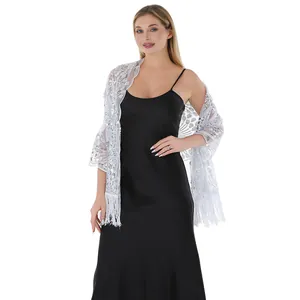 Elegant white sequin peacock feather tassel shawl for evening dress