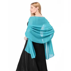 Elegant turquoise chiffon long shawl wrap beautifully draped over evening dress