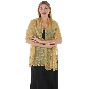 Elegant gold sequined floral lace shawl for wedding guest or evening dress