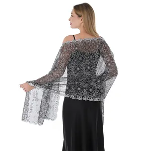 Elegant silver lace shawl with floral sequin embroidery detail for evening dresses