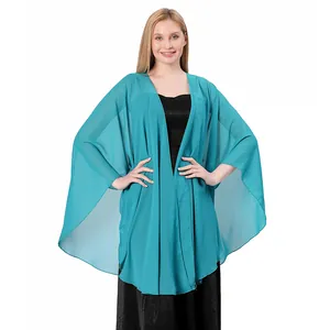 Elegant turquoise chiffon shawl wrap for evening dresses, lightweight open front design.