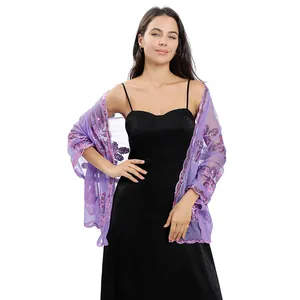 Detailed view of purple shawl with large peony floral sequin embroidery and scalloped edges