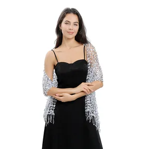 Elegant silver sequined lace shawl accessory for formal evening dresses and parties