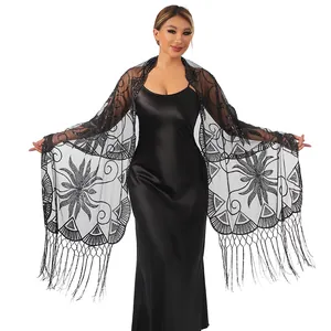 Châle Long Brodé de Sequins pour Femmes Cape de Soirée de Mariage en Maille avec Glands Accessoire Vintage Élégant
