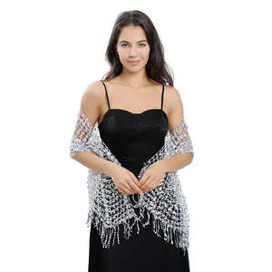 Elegant silver sequin embroidered shawl with fringe details for evening party dresses.