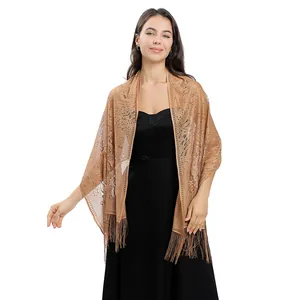 Elegant copper-colored lace shawl wrap with fringe tassels for evening gowns and wedding dresses