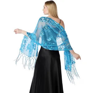 Elegante blauwe pailletten kanten sjaal met lange franjes voor bruids- en avondkleding