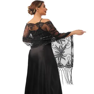 Élégant châle noir transparent avec paillettes et broderie florale pour robes de soirée