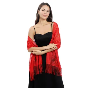 Elegant red lace evening shawl with fringes, bridal and bridesmaid wrap accessory