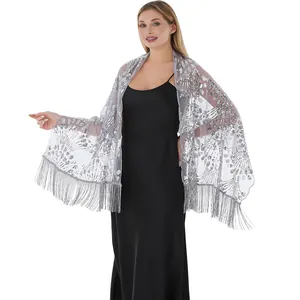 Elegant silver sequin peacock embroidered mesh shawl wrap with long fringe details