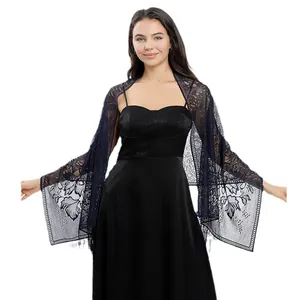 Elegant navy blue floral lace shawl for wedding guest or evening party event dress wrap
