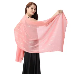 Elegant pink chiffon shawl with silver silk threads and rhinestones for evening gowns
