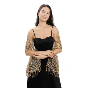 Elegant gold sequined mesh shawl with fringe tassels for evening party dresses