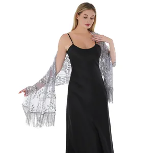 Elegant gray sequined peacock shawl wrap with fringe tassels for evening gowns and parties