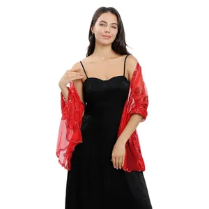 Elegant red sheer shawl with sequin floral embroidery for formal evening wedding events