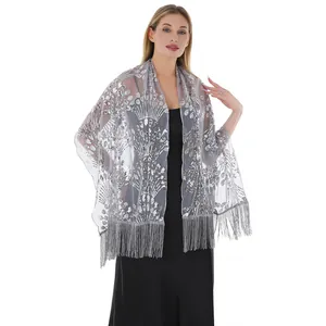 Elegant silver sequin embroidered peacock tail shawl with fringe tassels for evening gowns