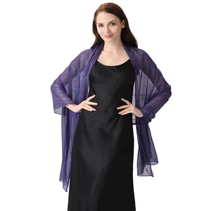 Elegant purple chiffon shawl with silver threads and rhinestones on black dress