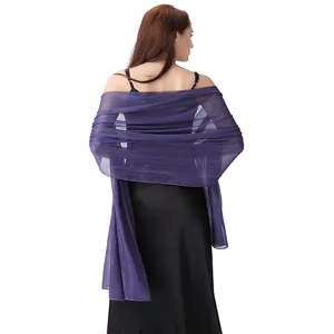 Back view of a purple chiffon shawl with silver wire and rhinestones on a black dress.