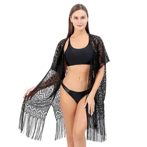 Dames Sexy Geometrische Kant Strand Cover-up Kwastjeszoom Cardigan Zonbescherming Zwemkleding Top Halflang Resort Wear