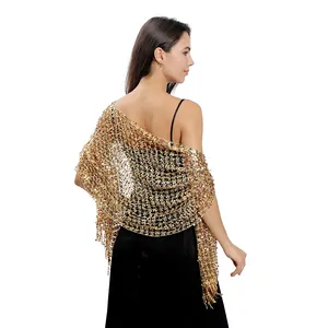 Detailed view of a gold sequin embroidered shawl wrap for elegant evening dresses.
