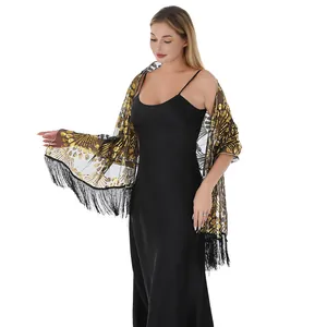 Elegant black mesh shawl with gold sequin peacock tail embroidery and fringe trim
